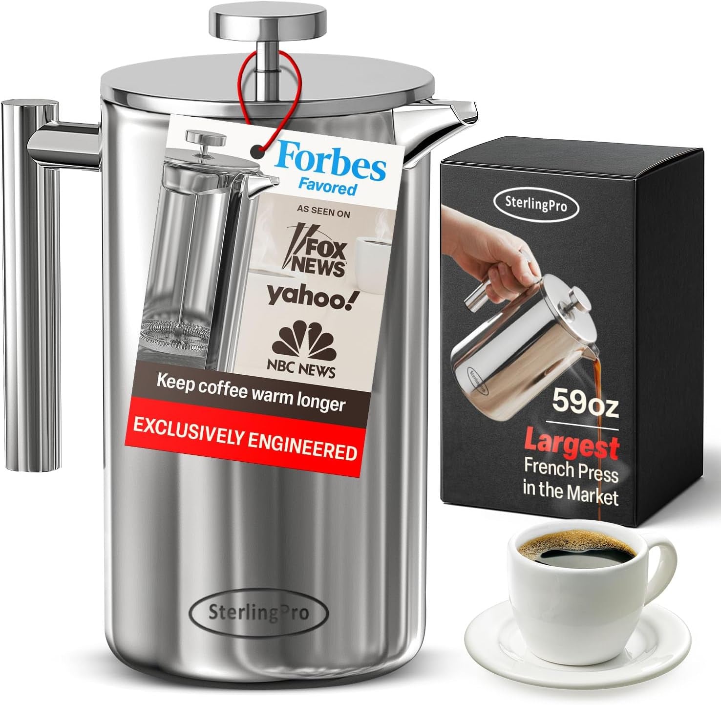French Press Coffee Maker(1.75L)-Double Walled Large Coffee Press with 2 Free Filters-Enjoy Granule-Free Coffee Guaranteed, Stylish Rust Free Kitchen Accessory-Stainless Steel French Press