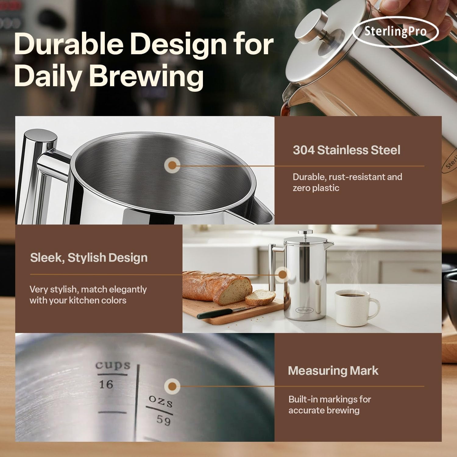 French Press Coffee Maker(1.75L)-Double Walled Large Coffee Press with 2 Free Filters-Enjoy Granule-Free Coffee Guaranteed, Stylish Rust Free Kitchen Accessory-Stainless Steel French Press