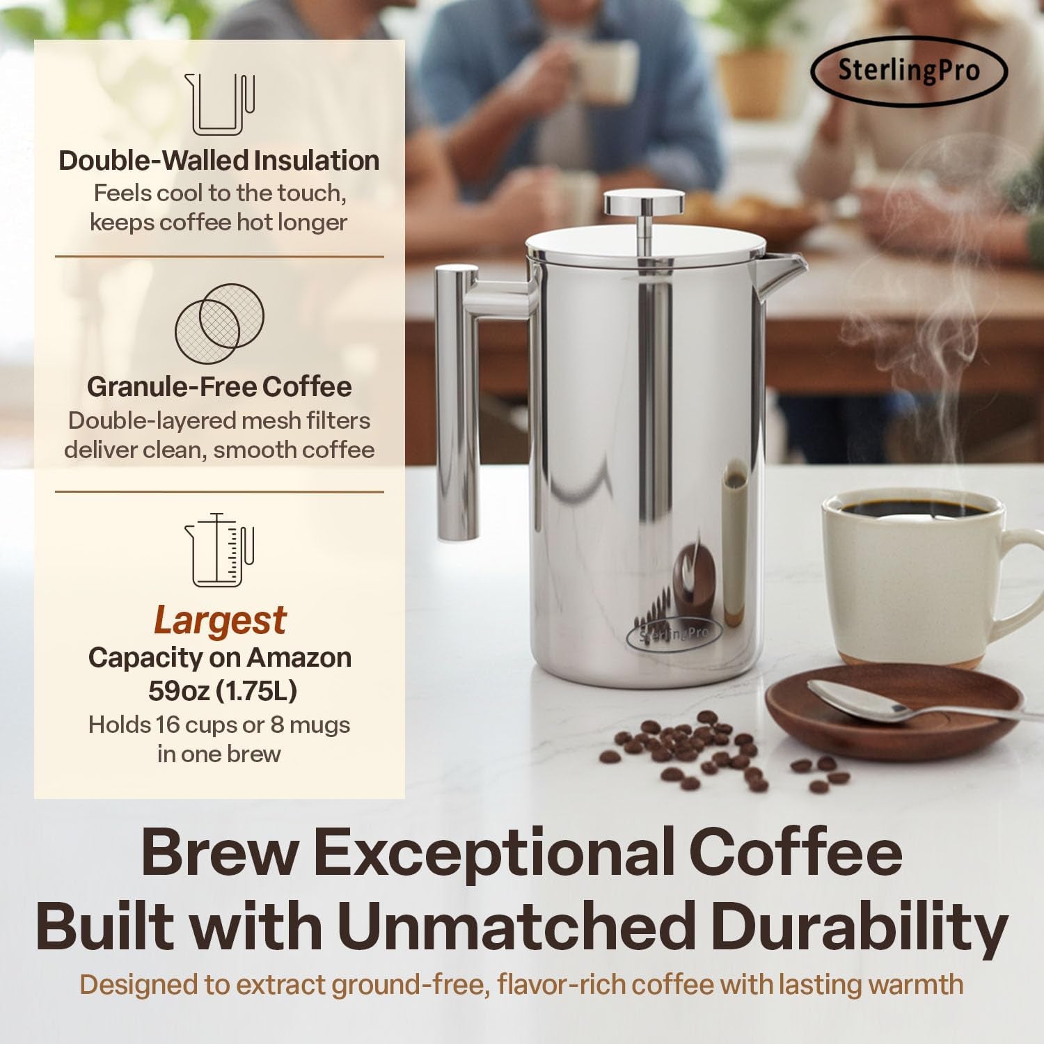 French Press Coffee Maker(1.75L)-Double Walled Large Coffee Press with 2 Free Filters-Enjoy Granule-Free Coffee Guaranteed, Stylish Rust Free Kitchen Accessory-Stainless Steel French Press